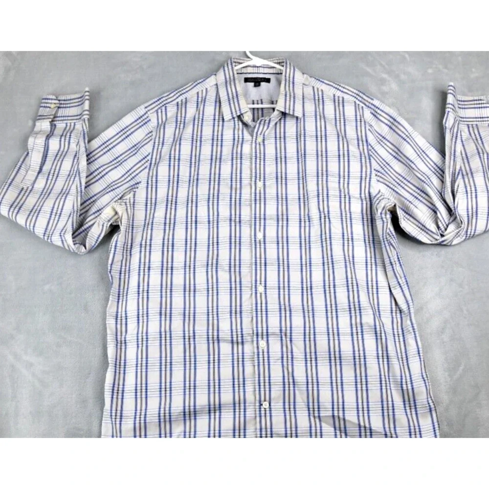 Banana Republic Shirt Men 2XL Slim Beige Blue Non-Iron Plaid Button Up
